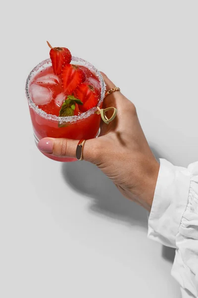 Woman Holding Glass Tasty Strawberry Margarita Grey Background — Stock Photo, Image
