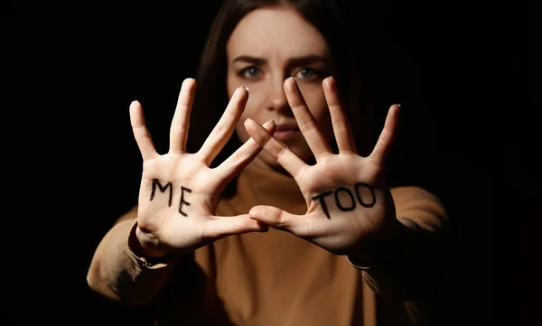 Stressed Young Woman Text Too Written Her Palms Dark Background — Stock Photo, Image