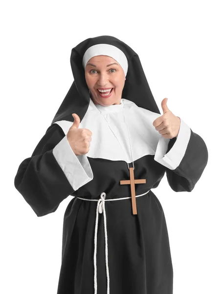 Mature Nun Showing Thumbs White Background — Stock Photo, Image