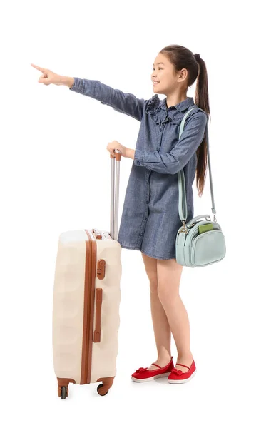 Little Girl Luggage Pointing Something White Background Concept Tourism — Stock Photo, Image