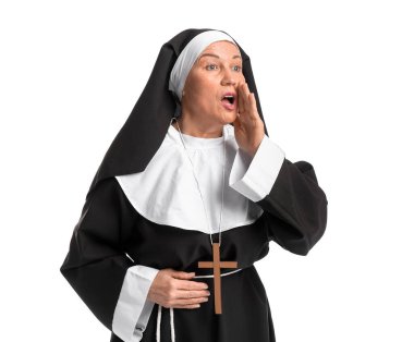 Beyaz arka planda yetişkin bir rahibe.