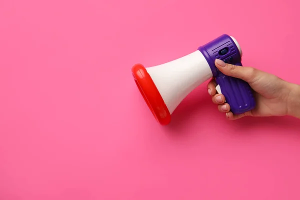 Woman Toy Megaphone Color Background — Stock Photo, Image