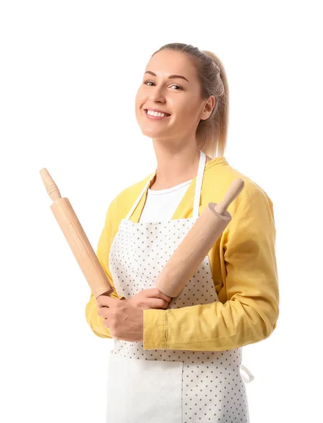 Junge Hausfrau Mit Nudelholz Auf Weißem Hintergrund — Stockfoto