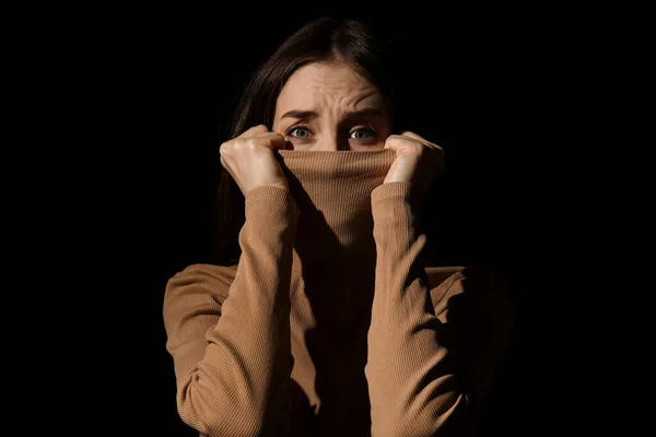 Scared Young Woman Dark Background Concept Harassment — Stock Photo, Image