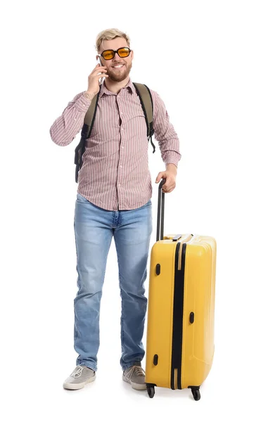 Turista Masculino Falando Por Telefone Fundo Branco — Fotografia de Stock