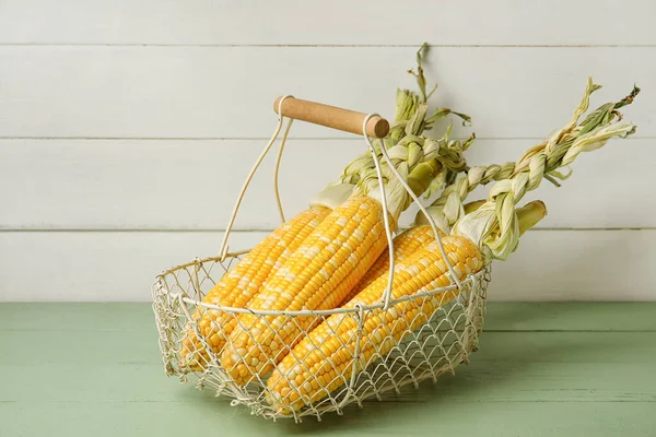 Basket Fresh Corn Cobs Light Wooden Background — Stock Photo, Image