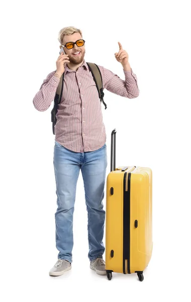 Turista Masculino Falando Por Telefone Fundo Branco — Fotografia de Stock