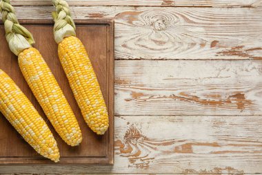 Hafif ahşap masada taze mısır koçanları.