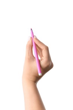 Beyaz arkaplanda işaret tutan kadın