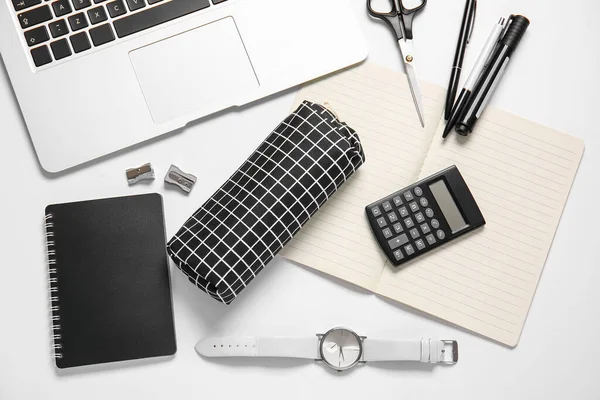 Pencil Case Female Accessories Stationery Laptop White Background Closeup — Stock Photo, Image