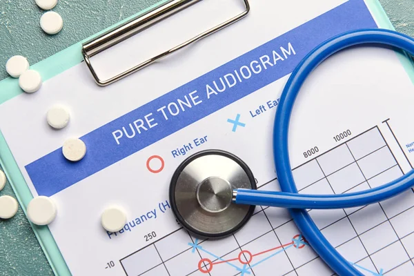 Audiogram Stethoscope Pills Color Background Closeup — Stock Photo, Image