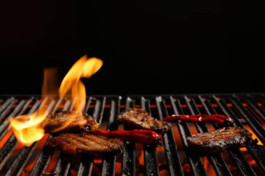 Beef brisket with chili pepper in flame on barbecue grill clipart
