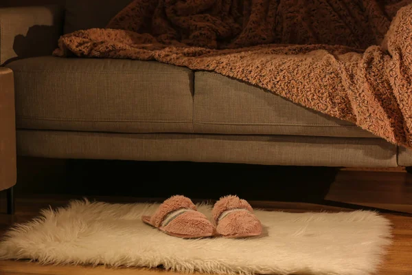 Female Pink Slippers Rug Sofa — Stock Photo, Image