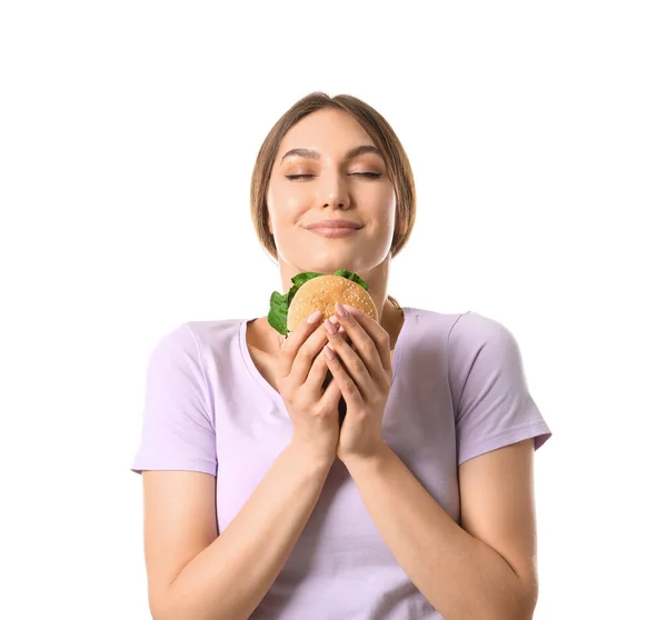 Mulher Bonita Com Saboroso Hambúrguer Vegan Fundo Branco — Fotografia de Stock