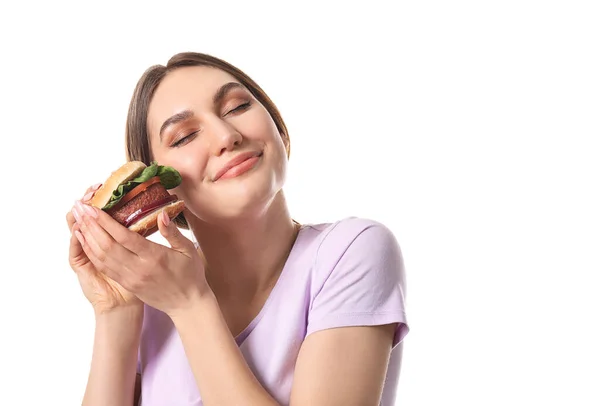 Mooie Jonge Vrouw Met Lekkere Veganistische Hamburger Witte Achtergrond — Stockfoto