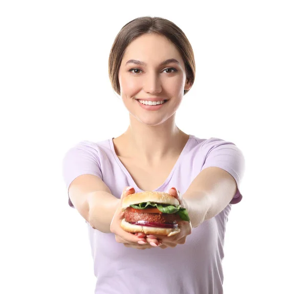 Mooie Jonge Vrouw Met Lekkere Veganistische Hamburger Witte Achtergrond — Stockfoto