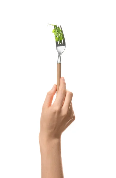 Woman Holding Fork Fresh Micro Greens White Background Closeup — Stock Photo, Image