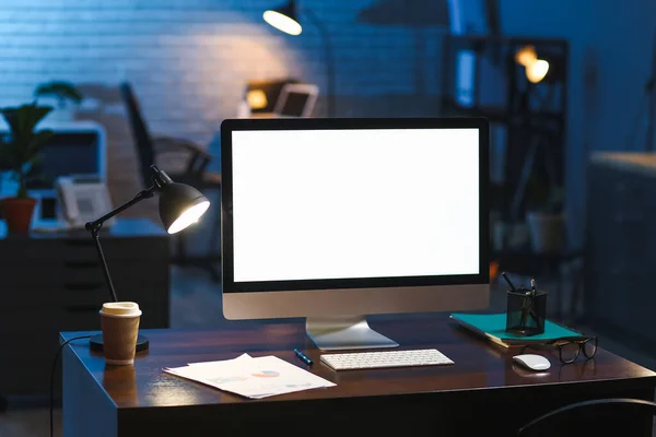 Workplace Modern Computer Office Night — Stock Photo, Image