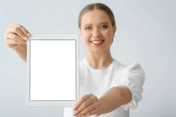 Beautiful Young Woman Holding Tablet Computer Blank Screen Grey Background — Stock Photo, Image