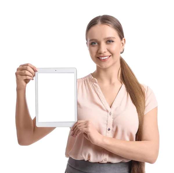 Hermosa Mujer Joven Sosteniendo Computadora Tableta Con Pantalla Blanco Sobre —  Fotos de Stock