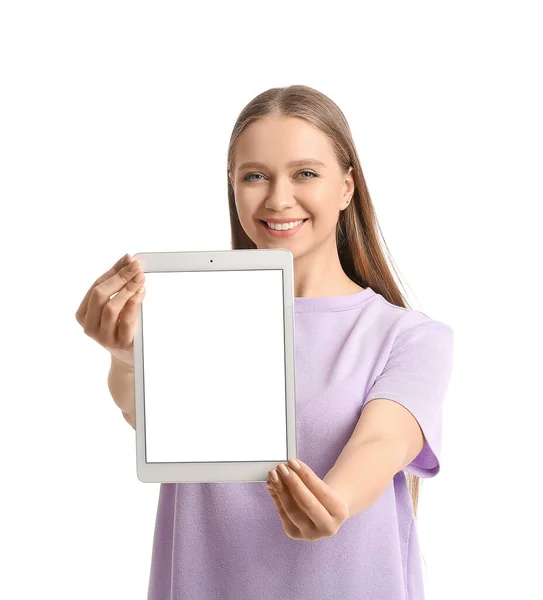 Vacker Ung Kvinna Som Håller Tablett Dator Med Tom Skärm — Stockfoto