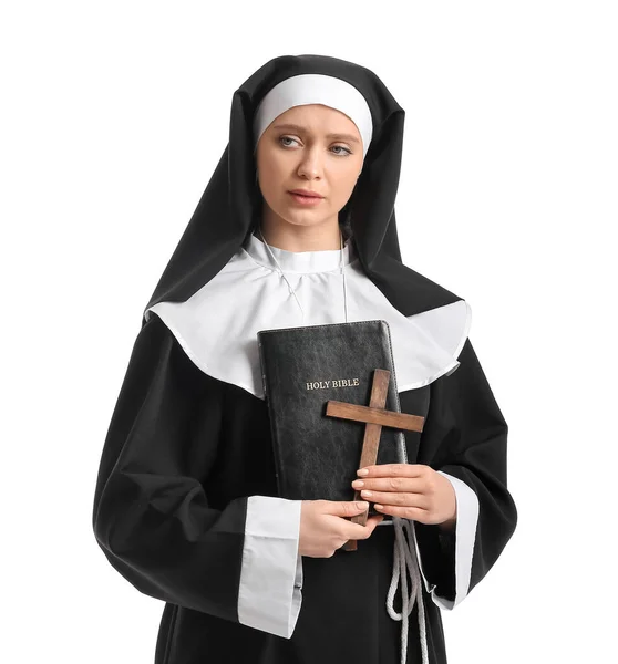 Young Nun Bible White Background — Stock Photo, Image