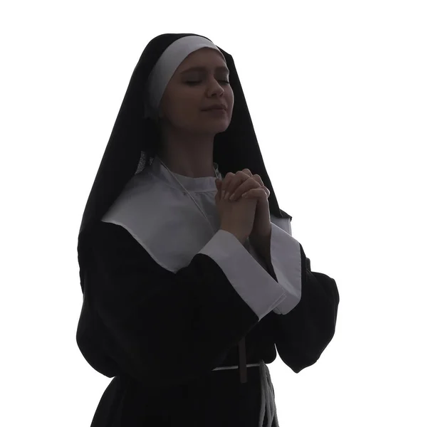白背景的年轻祈祷修女的轮廓 — 图库照片