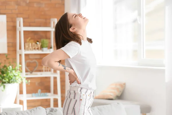 Young Woman Suffering Back Pain Home — Stock Photo, Image