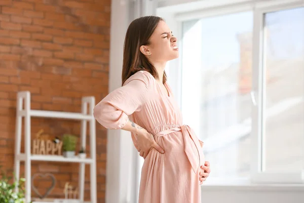 Young Pregnant Woman Suffering Back Pain Home — Stock Photo, Image