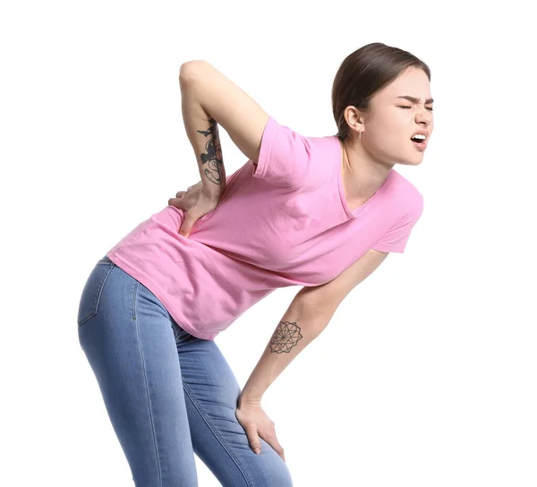 Young Woman Suffering Back Pain Isolated White — Stock Photo, Image