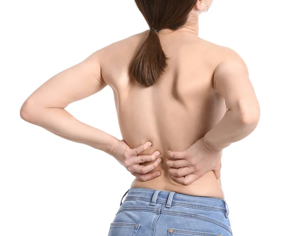 Young Woman Suffering Back Pain Isolated White — Stock Photo, Image