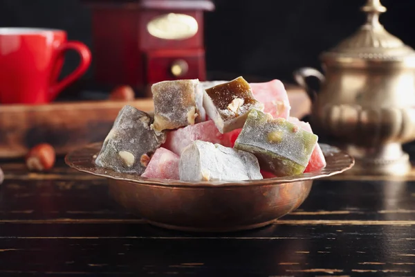 Plate Tasty Turkish Delight Black Wooden Background — Stock Photo, Image