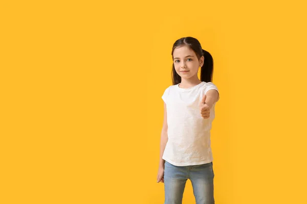 Little Girl Stylish Shirt Showing Thumb Color Background — Stock Photo, Image