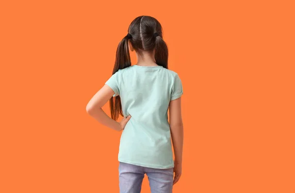 Little Girl Stylish Shirt Color Background Back View — Stock Photo, Image