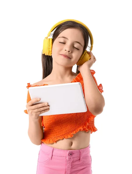 Κοριτσάκι Ακουστικά Και Tablet Υπολογιστή Λευκό Φόντο — Φωτογραφία Αρχείου
