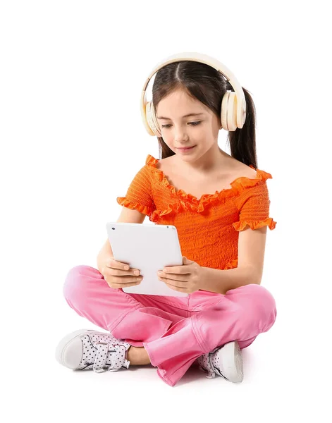 Little Girl Headphones Tablet Computer White Background — Stock Photo, Image