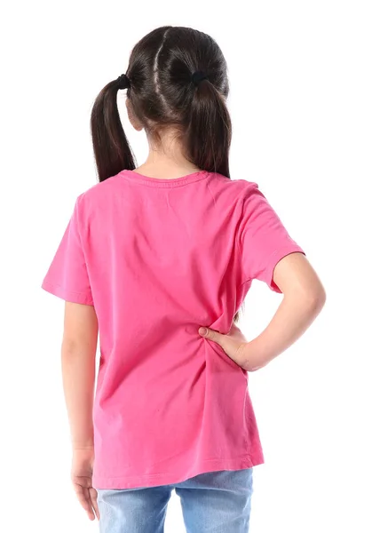 Little Girl Stylish Shirt White Background Back View — Stock Photo, Image