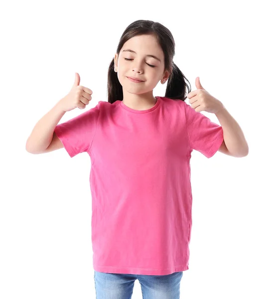 Niña Con Elegante Camiseta Que Muestra Pulgar Hacia Arriba Sobre — Foto de Stock
