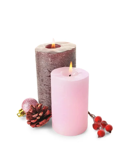 Composition Candles Pine Cone Ashberries White Background — Stock Photo, Image
