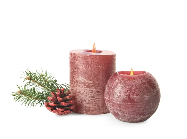 Composition Wax Candles Fir Branch Pine Cone White Background — Stock Photo, Image