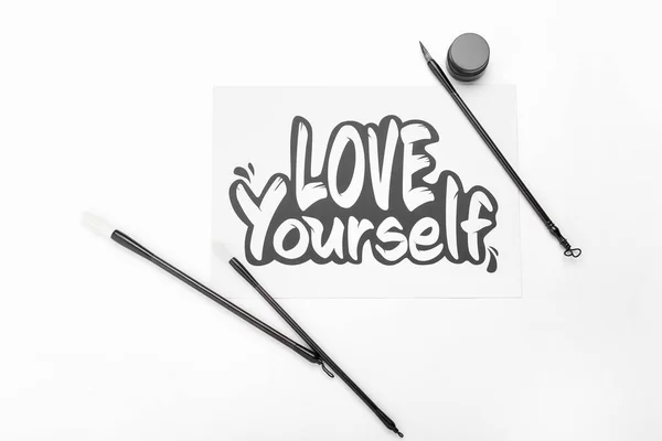 Paper Text Love Yourself Brushes White Background — Stock Photo, Image
