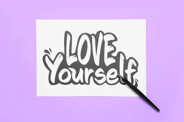 Paper Text Love Yourself Nib Pen Lilac Background — Stock Photo, Image