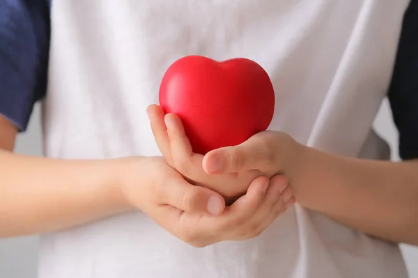 Child Holding Red Heart Closeup Cardiology Concept — Stock Photo, Image