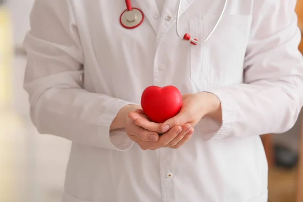 Female Cardiologist Holding Red Heart Clinic — Stock Photo, Image