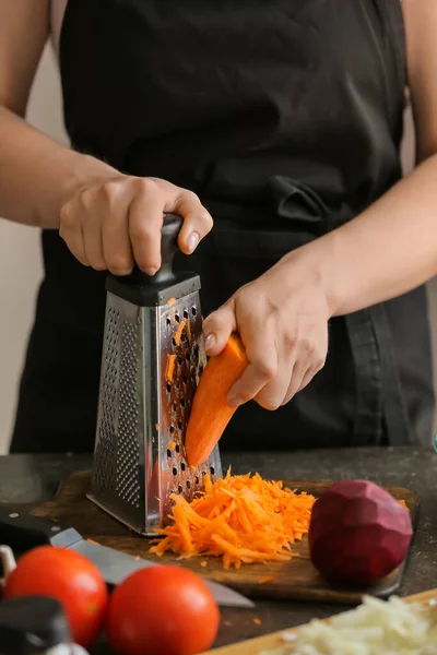 Woman Grating Carrot Delicious Borscht Kitchen — Stock Photo, Image