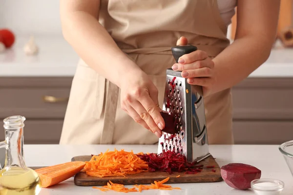 Woman Grating Beetroot Delicious Borscht Wooden Board Kitchen — Stock Photo, Image