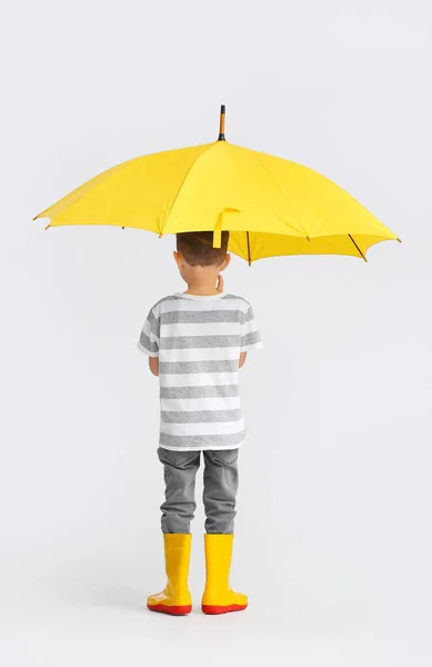 Cute Little Boy Umbrella Light Background — Stock Photo, Image