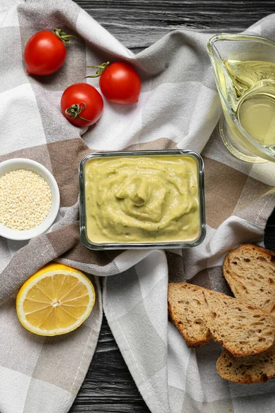 Bowl Tasty Baba Ghanoush Fresh Products Dark Wooden Background — Stock Photo, Image