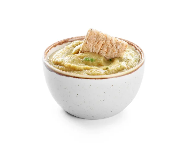 Bowl Tasty Baba Ghanoush Cracker White Background — Stock Photo, Image
