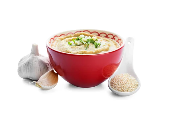Bowl Tasty Baba Ghanoush Garlic Sesame White Background — Stock Photo, Image